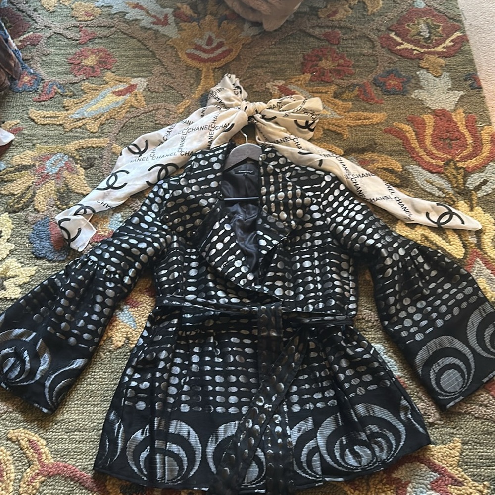 Samuel Dong Women’s Evening Trench Coat size S Polka Dot Silver Black petite
